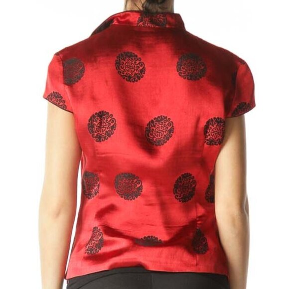 SINO London Red Black Shiny Silk Jacquard Knit Qipao Top - Picture 3 of 3